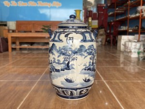 Chum sứ ngâm rượu dáng bí men chàm vẽ Trĩ Đào, 30L