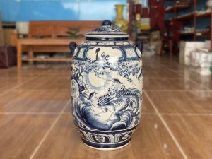 Chum sứ ngâm rượu dáng bí men chàm vẽ Trĩ Đào, 30L