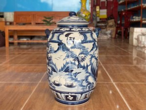 Chum sứ ngâm rượu dáng bí men chàm vẽ Tùng Hươu, 30L