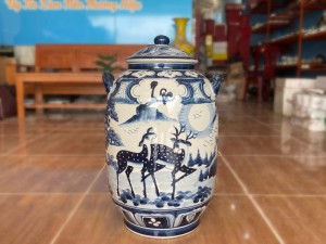 Chum sứ ngâm rượu dáng bí men chàm vẽ Tùng Hươu, 30L