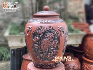 Chum gốm ngâm rượu dáng tròn khắc Tứ Linh, 20L