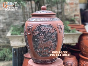 Chum gốm ngâm rượu dáng tròn khắc Tứ Linh, 20L