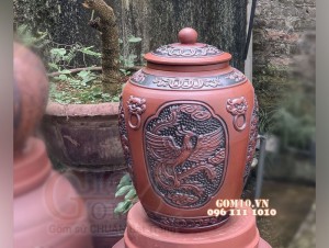 Chum gốm ngâm rượu dáng tròn khắc Tứ Linh, 20L