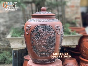 Chum gốm ngâm rượu dáng tròn khắc Tứ Linh, 50L