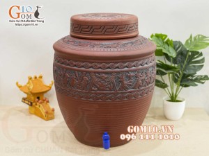 Chum gốm ngâm rượu dáng vai vuông họa tiết Đông Sơn Âu Lạc, 20 Lít (Có vòi)