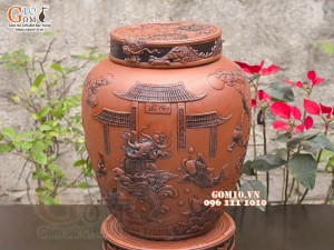 Chum gốm ngâm rượu đắp nổi Cá Chép Vượt Ngũ Môn cao cấp, 100 lít