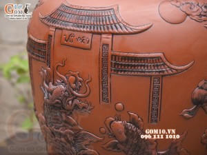 Chum gốm ngâm rượu đắp nổi Cá Chép Vượt Ngũ Môn cao cấp, 100 lít