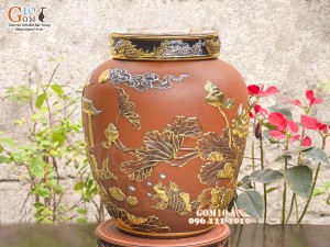 Chum gốm ngâm rượu đắp nổi Cá Chép Vượt Ngũ Môn dát vàng cao cấp, 50 lít