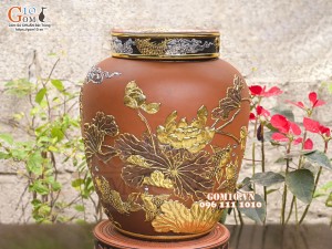 Chum gốm ngâm rượu đắp nổi Cá Chép Vượt Ngũ Môn dát vàng cao cấp, 50 lít