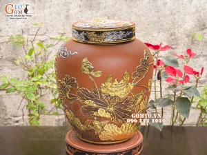 Chum gốm ngâm rượu đắp nổi Cá Chép Vượt Ngũ Môn dát vàng cao cấp, 50 lít