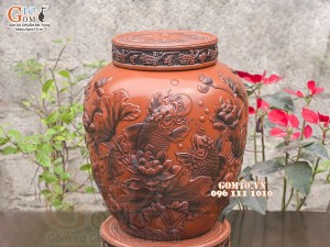 Chum gốm ngâm rượu đắp nổi Liên Hoa Ngư cao cấp, 50 lít