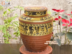 Chum gốm ngâm rượu Đông Sơn khắc Hươu Dát Vàng cao cấp, 20 lít