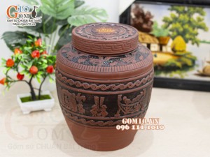 Chum gốm ngâm rượu khắc họa tiết Trống Đồng 10L