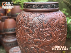 Chum gốm ngâm rượu khắc nổi Cửu Ngư Quần Hội, 50 Lít