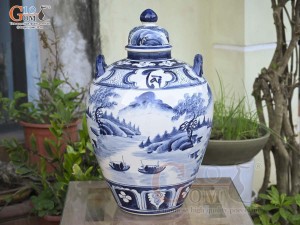 Chum gốm ngâm rượu men chàm cổ vẽ cảnh Làng Quê, 30L
