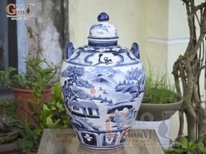 Chum gốm ngâm rượu men chàm cổ vẽ cảnh Làng Quê, 30L