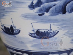 Chum gốm ngâm rượu men chàm cổ vẽ cảnh Làng Quê, 30L