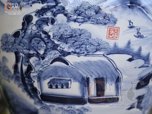 Chum gốm ngâm rượu men chàm cổ vẽ cảnh Làng Quê, 30L