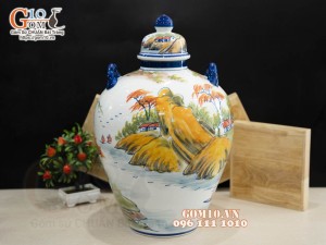 Chum gốm ngâm rượu men màu họa tiết Lã Vọng câu, 30L