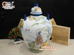 Chum gốm ngâm rượu men màu họa tiết Lã Vọng câu, 30L
