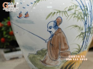 Chum gốm ngâm rượu men màu họa tiết Lã Vọng câu, 30L