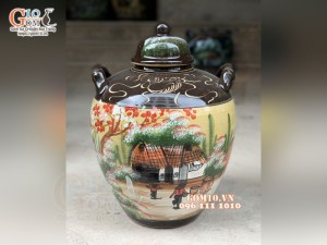 Chum gốm ngâm rượu men màu họa tiết Làng Quê 15L
