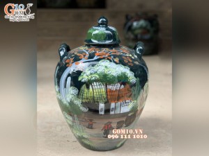Chum gốm ngâm rượu men rêu họa tiết Làng Quê 20L