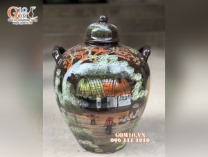 Chum gốm ngâm rượu men nâu họa tiết Làng Quê 15L
