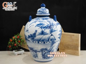 Chum gốm ngâm rượu men chàm cổ họa tiết Làng Quê 30L