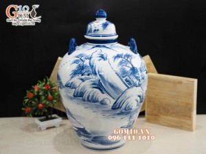 Chum gốm ngâm rượu men chàm cổ họa tiết Làng Quê 30L