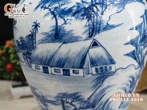 Chum gốm ngâm rượu men chàm cổ họa tiết Làng Quê 30L