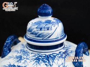 Chum gốm ngâm rượu men chàm cổ họa tiết Làng Quê 30L