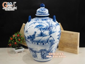Chum gốm ngâm rượu men chàm cổ họa tiết Làng Quê 30L