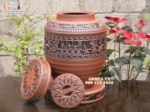 Chum gốm ngâm rượu vai vuông khắc Trống Đồng, 30 lít