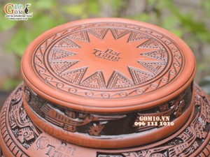 Chum gốm ngâm rượu vai vuông khắc Trống Đồng, 30 lít
