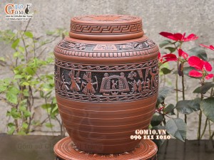 Chum gốm ngâm rượu vai vuông khắc Trống Đồng, 30 lít