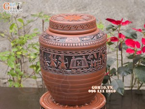 Chum gốm ngâm rượu vai vuông khắc Trống Đồng, 10 lít