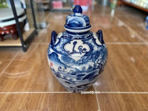 Chum rượu dáng vò men chàm vẽ cảnh Sơn Thuỷ, 15L