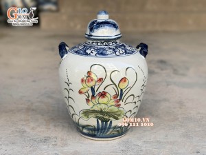Chum rượu dáng vò men chàm cổ vẽ Sen Tài Lộc, 10L