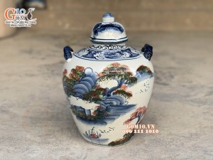 Chum rượu dáng vò men chàm cổ vẽ Tài Lộc, 10L