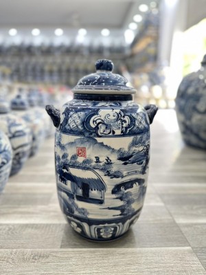 Chum sứ dáng bí men chàm vẽ cảnh Sơn Thuỷ, 10L