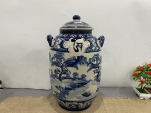 Chum sứ dáng bí men chàm vẽ cảnh Sơn Thuỷ, 30L