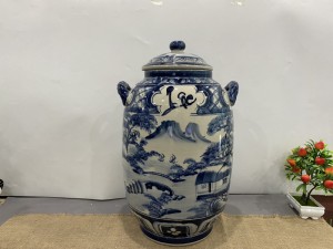 Chum sứ dáng bí men chàm vẽ cảnh Sơn Thuỷ, 20L