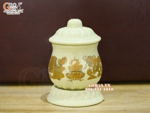 Chung nước có nắp họa tiết rồng Phúc Lộc Thọ vàng kim S1 cao 12cm