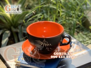 Cốc cà phê men gốm khắc trúc - màu cam