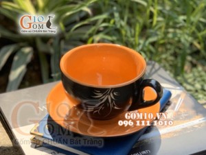 Cốc cà phê men gốm khắc trúc - màu vàng