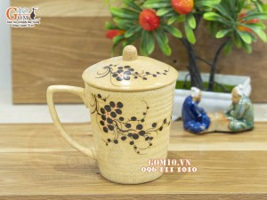 Cốc gốm có nắp họa tiết hoa đào, 9cm