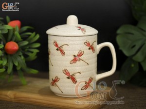 Cốc gốm quay vuông vẽ Chuồn Chuồn, 350ml