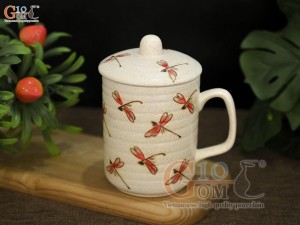 Cốc gốm quay vuông vẽ Chuồn Chuồn, 350ml