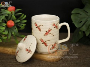 Cốc gốm quay vuông vẽ Chuồn Chuồn, 350ml